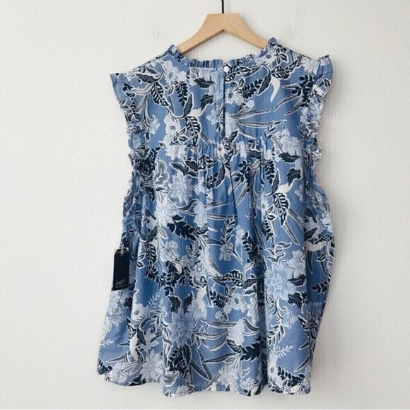 New! Angels Blue Floral Sleeveless Peasant High Neck Cotton Top - Picture 2 of 9